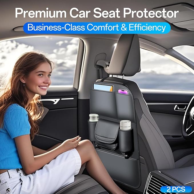 Backseat Car Organizer Leather Back of Seat Car Organizers for Drivers with Large Capacity 6 Storage Pockets Waterproof Kick Mats Seat Back Protector, 2 Pack