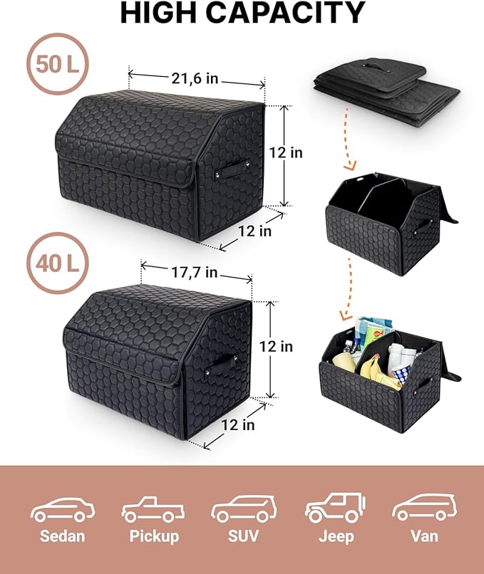 Owleys Car Storage Organizer Bundle - Two Foldable Crates For Groceries, Gear & Trips - Durable SUV And Truck Storage Set -