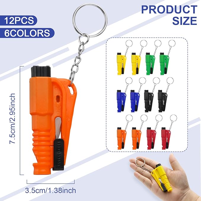 PIFOOG 12 Pcs Car Window Breaker Keychain Tool Seatbelt Cutter 3 in 1 Emergency Escape Tools Glass Breakers Seat Belt Cutters