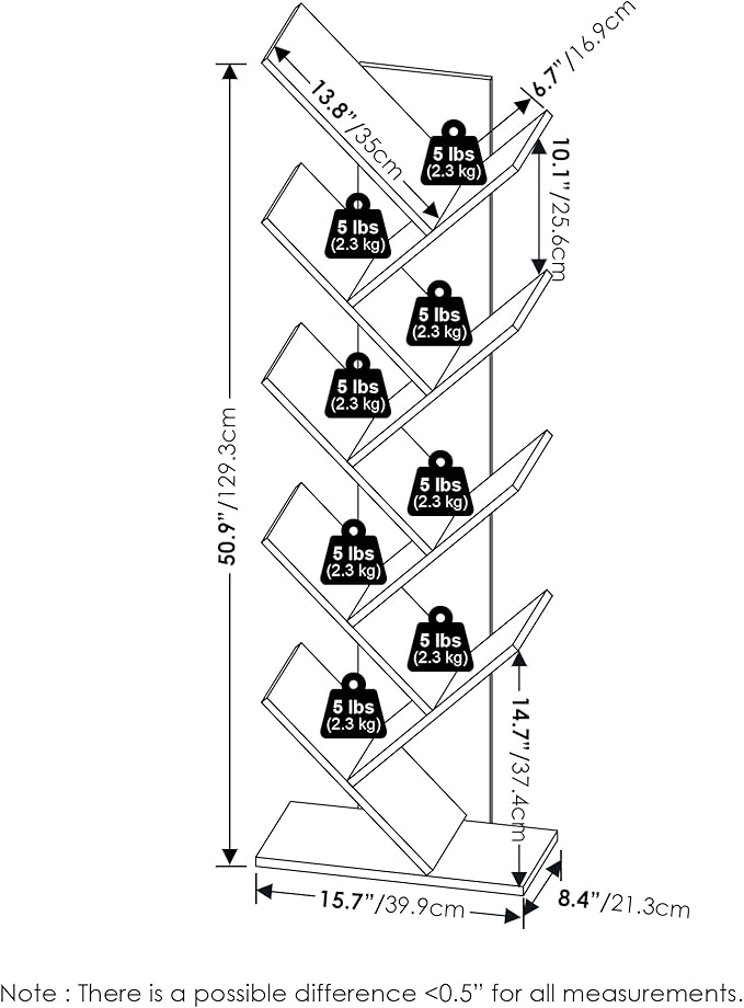 Furinno TREE Book Shelf, 9-Tier Bookshelf, Tree Bookcase with Angled Open Shelf, 8.4 x 15.7 x 50.9, for Room Decor, for Livin