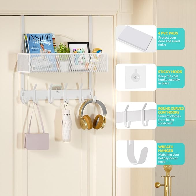 LUCYCAZ Over The Door Hooks Organizer, Door Hanger Storage with Coat Hooks Wreath Hanger & Mesh Basket, Over The Door Towel R