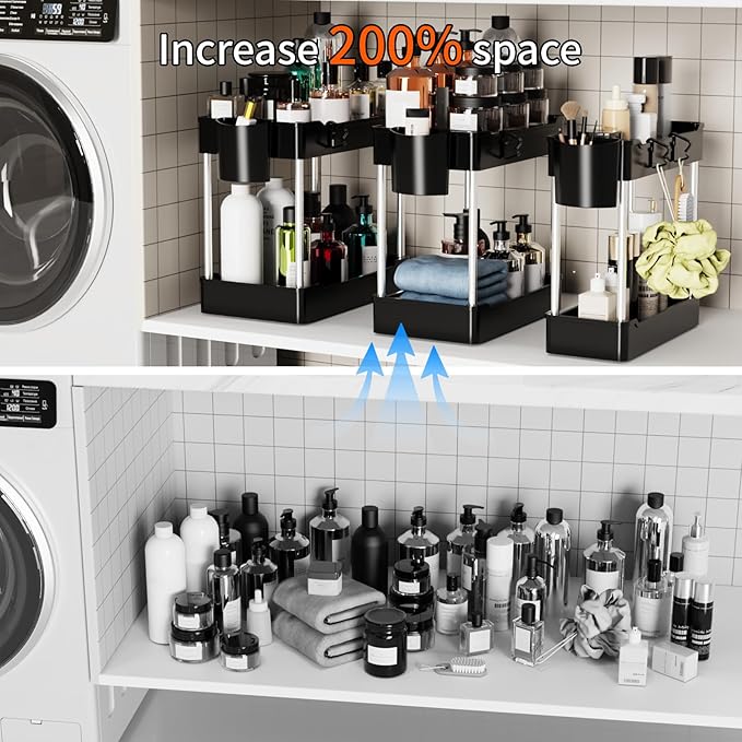 3 Pack Under Sink Organizers and Storage, 2 Tier Bathroom Cabinet Organizer Shelf with Hanging Cups for Kitchen & Bathroom (B