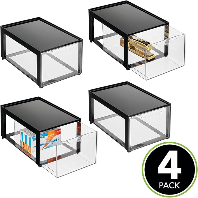 mDesign Plastic Desk Organizer and Storage Bin w/Pull Out Drawer - Stackable Office Storage Container for Office Supplies - D