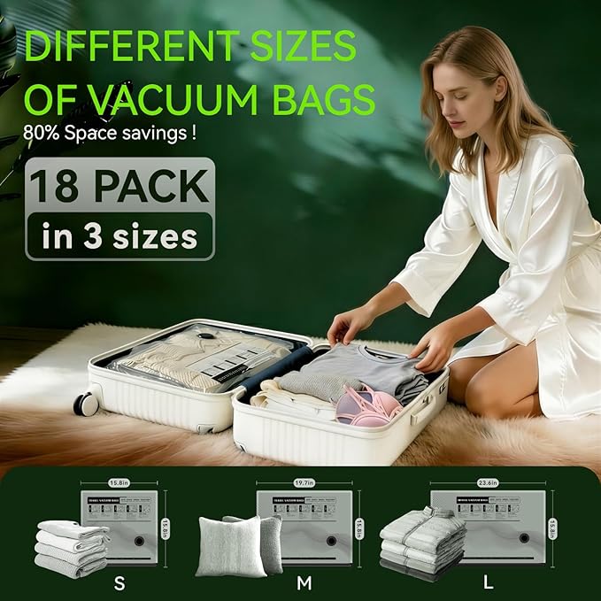 Vacuum Bags for Travel - USB Electric Pump, 18 Pack Carry-on Size Vacuum Seal Bags for Clothing - Space Saver Vacuum Storage 