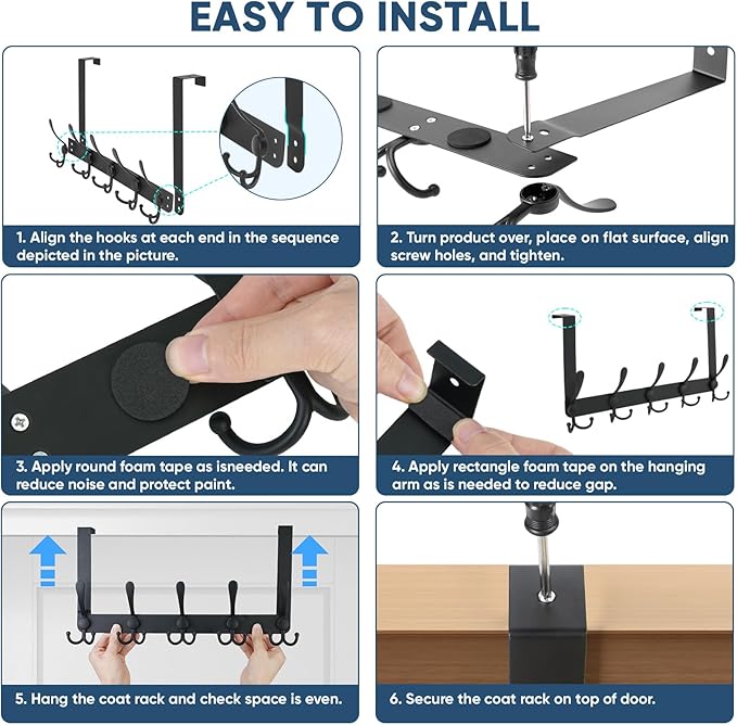 TICONN Over The Door Hooks, 5 Heavy Duty Tri Coat Rack All Metal Coat Hanger for Bathroom Bedroom Dorm (Matte Black, 1PK, Fit
