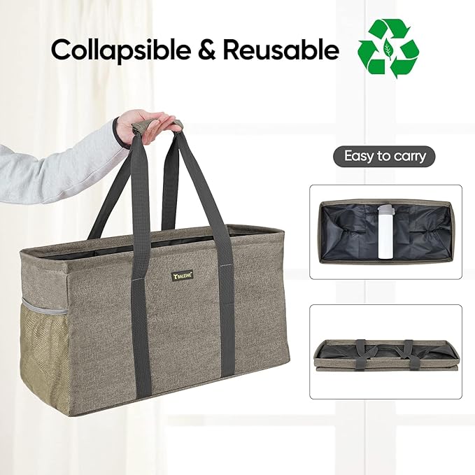 BALEINE Extra Large Utility Tote Bag with Reinforced Wire Frame, Reusable Grocery Bag for Shopping, Picnic (Beige, 22''x12''x10'')