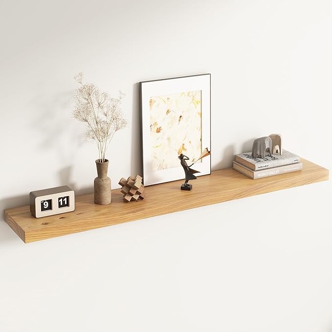 Elm Floating Shelves for Wall Decor, Rustic Solid Wood Shevles Wall Mounted with Invisible Bracket for Living Room Bathroom B