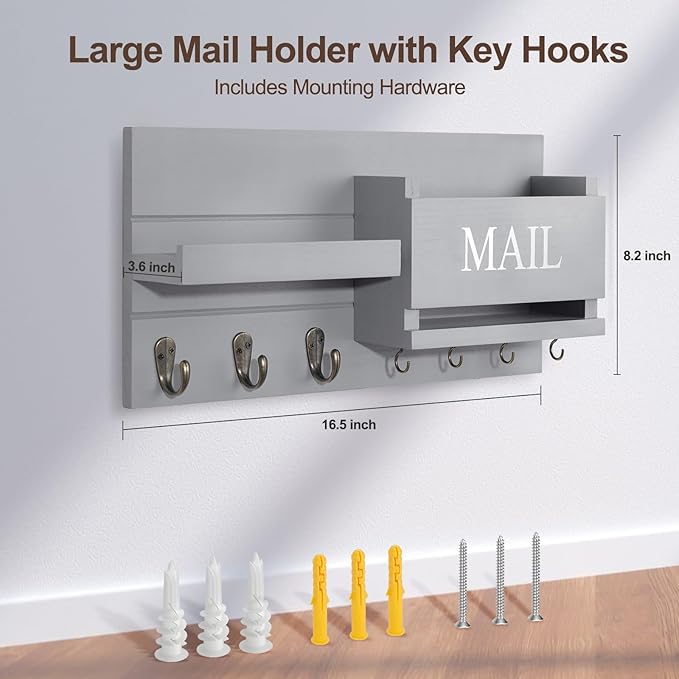 Lwenki Mail Organizer for Wall Mount – Key Holder with Shelf Includes Letter Holder and Hooks for Hallway Farmhouse Decor – R