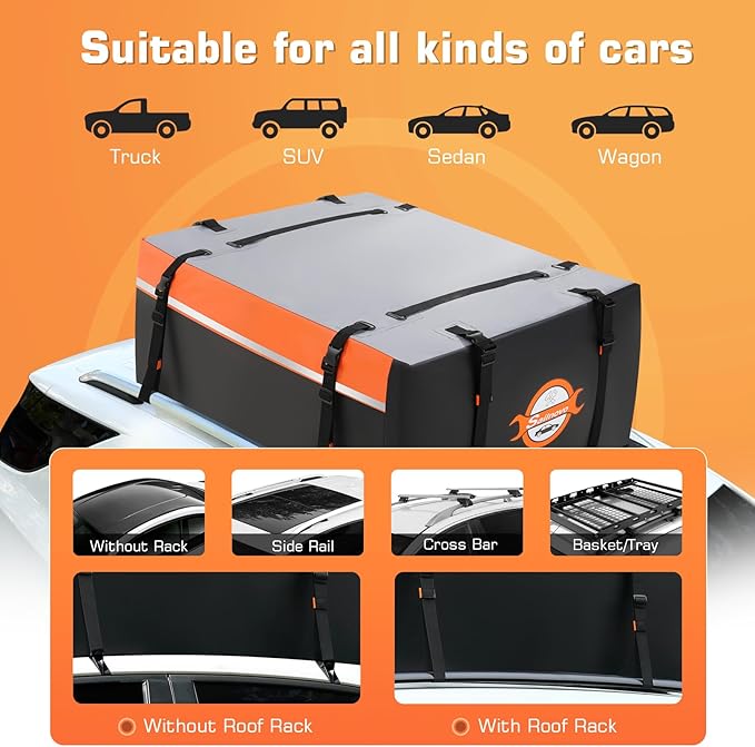 Sailnovo Rooftop Cargo Carrier 15 Cubic, Waterproof Car Roof Bag Soft-Shell Carriers Top Luggage Storage with Slip Mat, 4 Door Hooks & Heavy-Duty PVC for All Vehicle Roof with/Without Rack Cross Bar