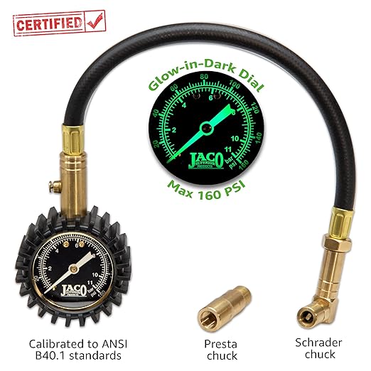 JACO BikePro Bike Tire Pressure Gauge - 160 PSI (Road Bike & BMX Series) | Presta + Schrader Air Chucks