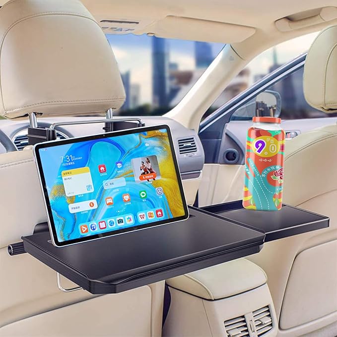 Car Steering Wheel Tray Multi-Functional Back Seat Headrest Tray Black Car Desk for Laptop Working Writing Eating Food Drinking with Extended Drawer