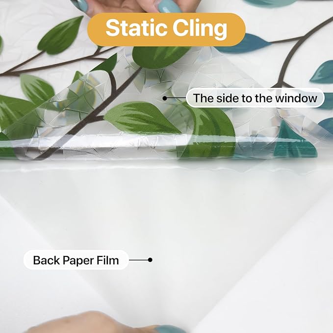 Spring Window Clings Decorative,3D Rainbow Window Privacy Film Sunroof Stained Glass Film, Non-Glue Static Cling Tint for Home Room Bathroom Glass Door Decor(Green Leaves, 16.9" x 39.4")