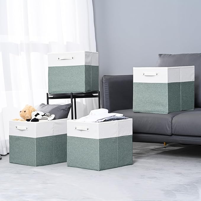 FinishingBo 13 x 13 Inch Fine Linen Storage Bins with Handles，Fabric Cube Boxs，Basket Organizers for Shelves for Home, Closet