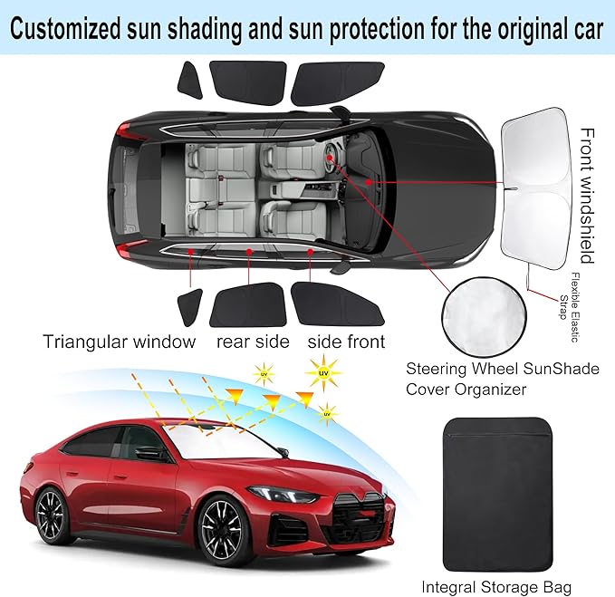 Windshield Sun Shade Car Windshield Foldable Full Windows Coverage Custom Fit for BMW i4 M50 2022-2025 Accessories Window Shades Block Sun UV Rays Privacy Protection 7PCS