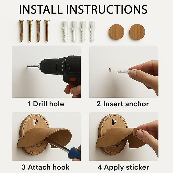 Hat Hooks for Wall Set of 2 – Cowboy Hat Hanger for Fedoras, Caps & Wide Brim Hats – Wooden Curved Rack Preserve Hat Shape – 