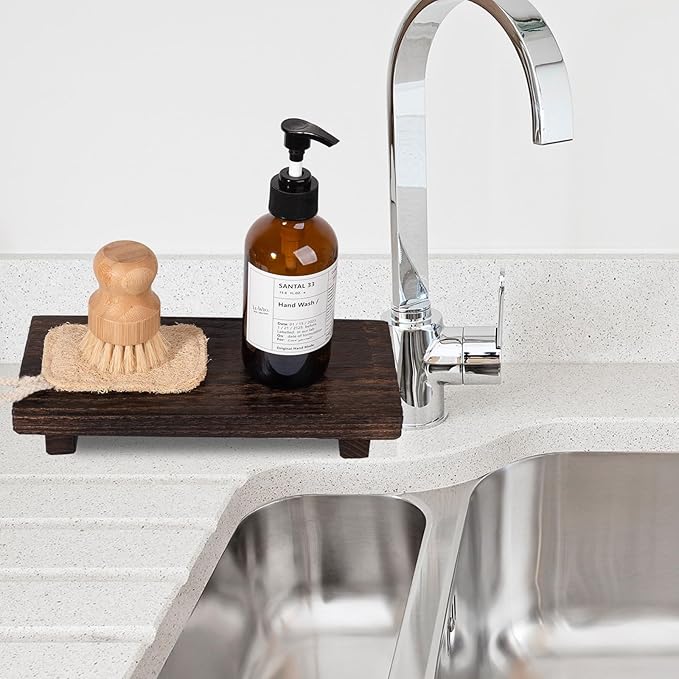 zoocatia Small Wood Tray Pedestal Stand Farmhouse Bathroom Decor Decorative Wooden Riser Kitchen Soap Dish Holder for Vanity,