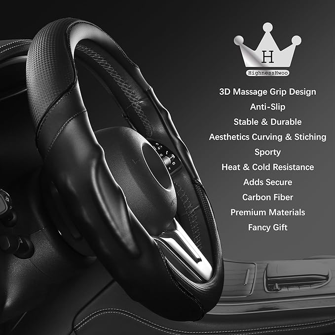HighnessHwoo 3D Car Steering Wheel Cover Comfort Grip Massage Sporty Anti-Slip Carbon Fiber Faux Leather for F150, Trucks, Je