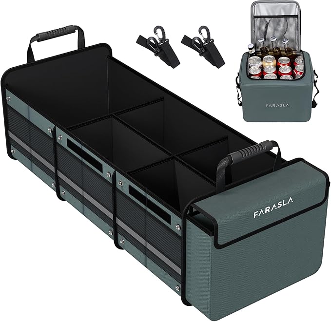 Farasla Waterproof Trunk Organizer with Insulated Leakproof Cooler Bag, Foldable Cover, Adjustable Securing Straps (4-in-1