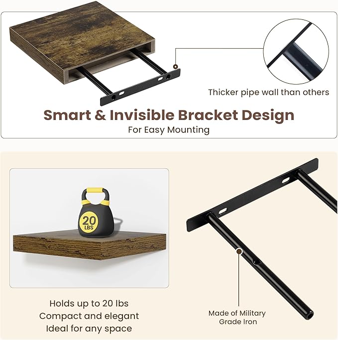 Fun Memories Floating Shelves for Wall - 7.5 Inch Square Shelves with Invisible Brackets, Small Wall Shelf for Living Room, B