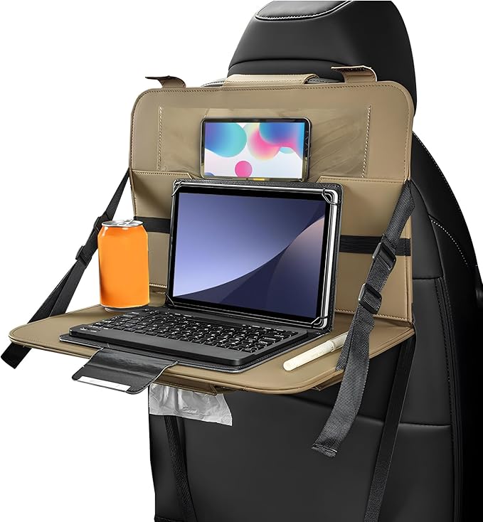 Car Steering Wheel Tray, Foldable Car Laptop Desk Eating Food Tray with Transparent Holder & Tissue Box, Adjustable Back Seat Headrest Table for in-Car Dining Working Studying (Beige)