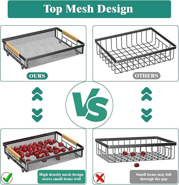 Giwil 3 Tier Countertop Fruit Mesh Basket for Kitchen, Vegetable Storage Bread Fruit Bowl Stand with 2 Banana Hooks, Wall Mou