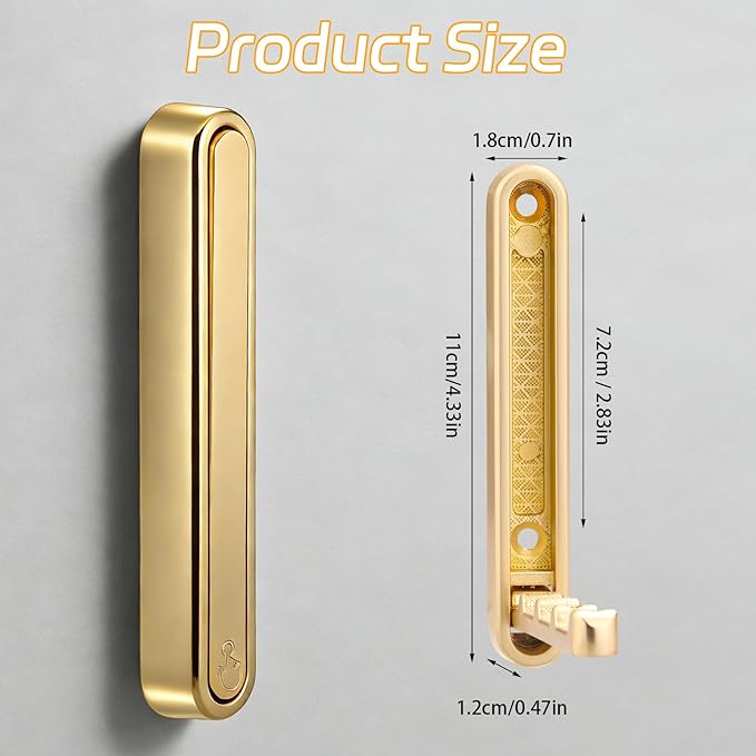 Dntorx 2 Pcs Extended Folding Coat Hooks Wall Mounted, 4.33 in Gold Foldable Wall Hooks Heavy Duty Valet RV Hooks Bathroom To