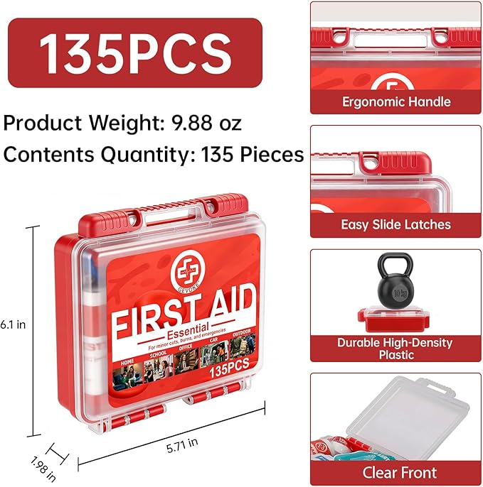 Mini First Aid Kit - 135 Piece HardCase First Aid Box for Home, Car, Travel, Camping, Hiking, Truck, Sports, Office, Vehicle 