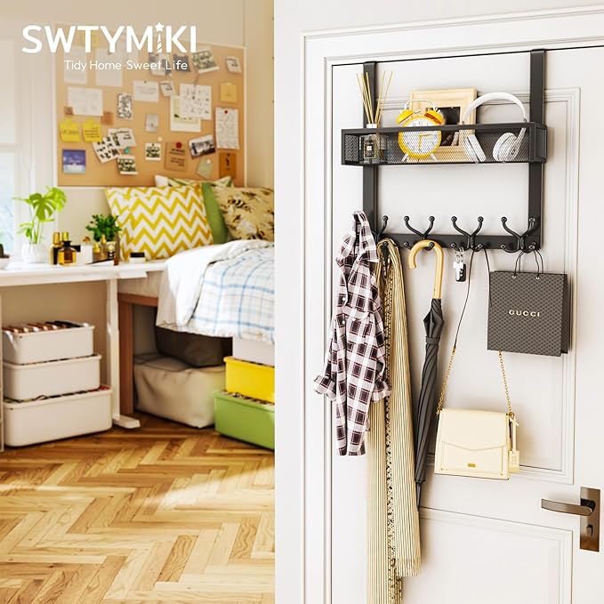 SWTYMIKI Over The Door Hook with 16 Hooks & Mesh Baskets - Heavy Duty Over The Door Organizer Hanger for Towels, Coats, Cloth