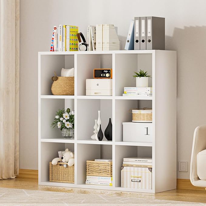 COMHOMA 9 Wood Cube Storage Organizer with Open Back and Removable Back Panels, 11In White Cube Storage Bookshelf, Cubicle Sh