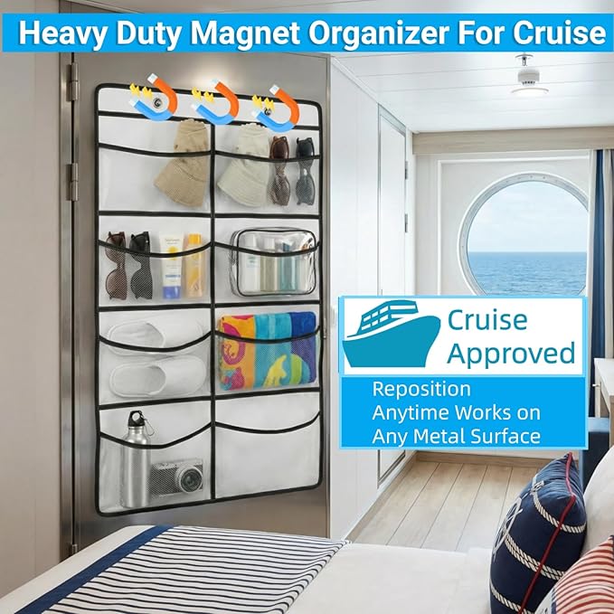 Magnetic Cruise Organizer, 8 Large Durable Pockets Over The Door Organizer For Cruise Ships, Magnetic & Hanging Cruise Organi
