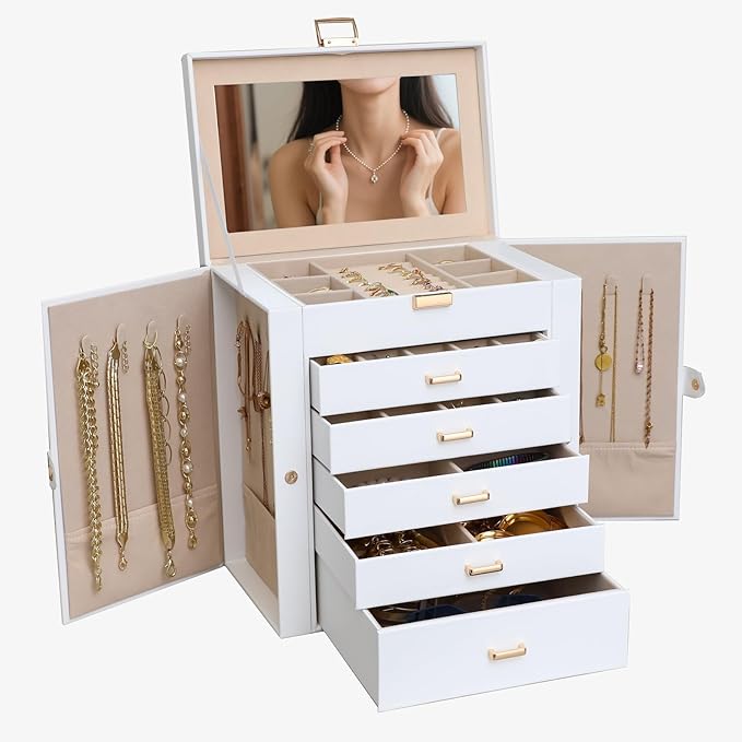 BOOVO Jewelry Box For women, 6 Layer Large Jewelry Organizer With Mirror, Multi-Function Storage Box With Lock, Necklace Hold
