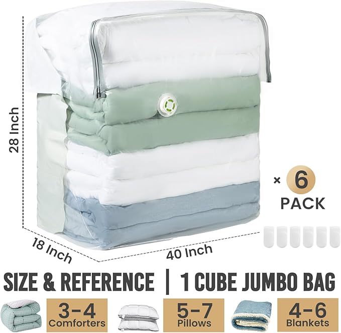 TAILI 6 Pack Vacuum Storage Bags, Extra Large Cube (40x28x18x18 Inch), Supe Jumbo Vacuum Seal Bags for Comforters, Blankets, 
