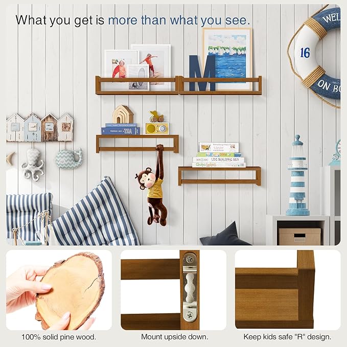 Forbena Walnut Brown Nursery Bookshelf Wall Mounted, Wooden Floating Book Shelves for Wall, Nursery Hanging Bookshelves for B