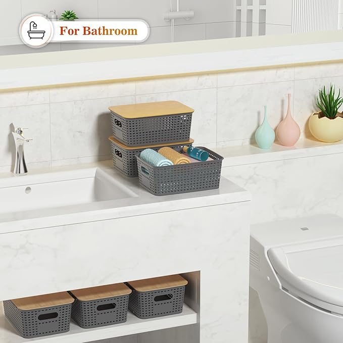 Plastic Storage Baskets With Bamboo Lid - Plastic Storage Containers Stackable Storage bins: Storage Baskets for Organizing S