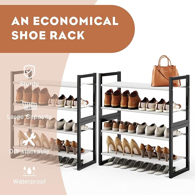 8-Tier Tall Shoe Rack, Stackable Zero-Wobble Metal Frame with Screw-Fastened Joints, 11.8" Deep Heel-Friendly Non-Woven Shelv