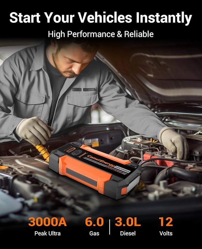 Portable Jump Starter 3000A Peak Car Battery Pack, 12V Jump Box up to 9.0L Gasoline and 7.0L Diesel Engine with Lights and