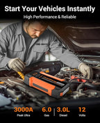 Portable Jump Starter 3000A Peak Car Battery Pack, 12V Jump Box up to 9.0L Gasoline and 7.0L Diesel Engine with Lights and