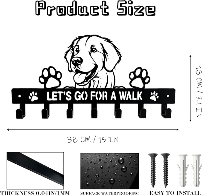 Golden Retriever Key Holder, Dog Leash Holder for Wall with 7 Hooks, Black Decorative Small Key Hanger for Entryway&Front Doo