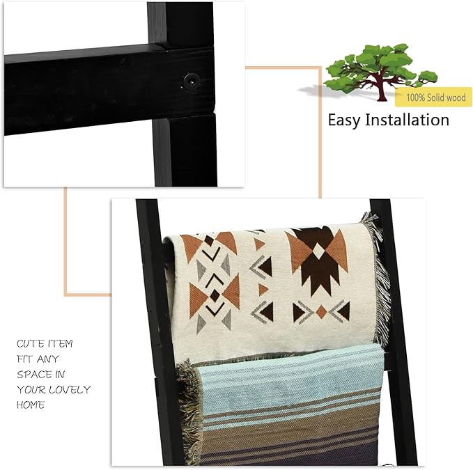FUIN 6.4ft Extra Wide Wooden Blanket Ladder Living Room Decorative Wal Leaning Farmhouse Quilt Display Holder Rustic Wood Tow