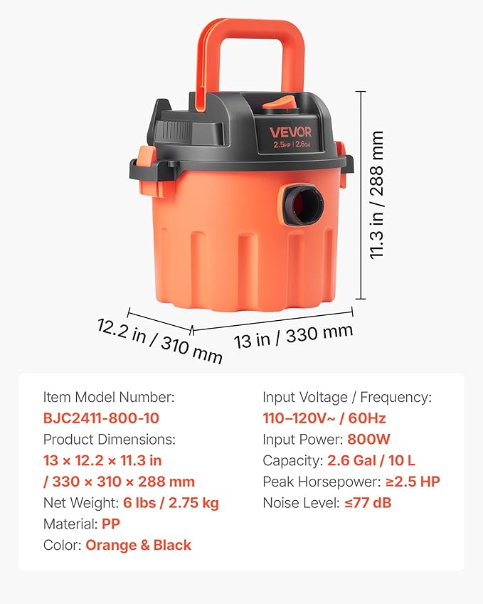 VEVOR Dry Vacuum Cleaner, 2.6 Gallon 2.5 Peak HP Portable Shop Vac with 800W Input Power, Various Nozzles, 1.25in Diameter x 