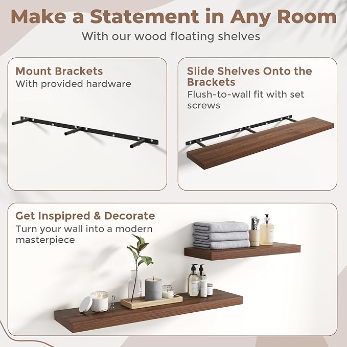 55 Inch Floating Shelves for Wall Set of 2, 8"D Wood Grain Bathroom Shelves with Invisible Brackets, Easy Install Engineered 