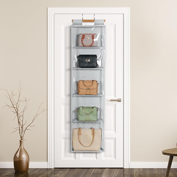 Syeeiex Hanging Handbag Purse Organizer with Zippers, 5 Mesh Shelves,Clear Slubbed Fabric+PVC Hanging Closet Bag Organizer, D