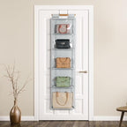 Syeeiex Hanging Handbag Purse Organizer with Zippers, 5 Mesh Shelves,Clear Slubbed Fabric+PVC Hanging Closet Bag Organizer, D