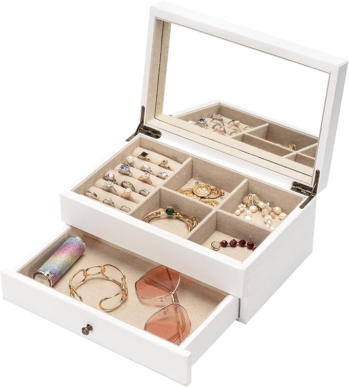Meangood Jewelry Box Organizer for Women, 2 Layer Large Jewelry Storage Case, Rustic Wooden Jewelry Box with Mirror & Ring Tr