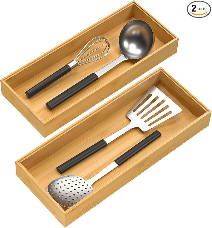 VeyFey Bamboo Drawer Organizer, Stackable Utensil Organizer for Kitchen, Bamboo Storage Box Wood Silverware Tray for Drawer 1