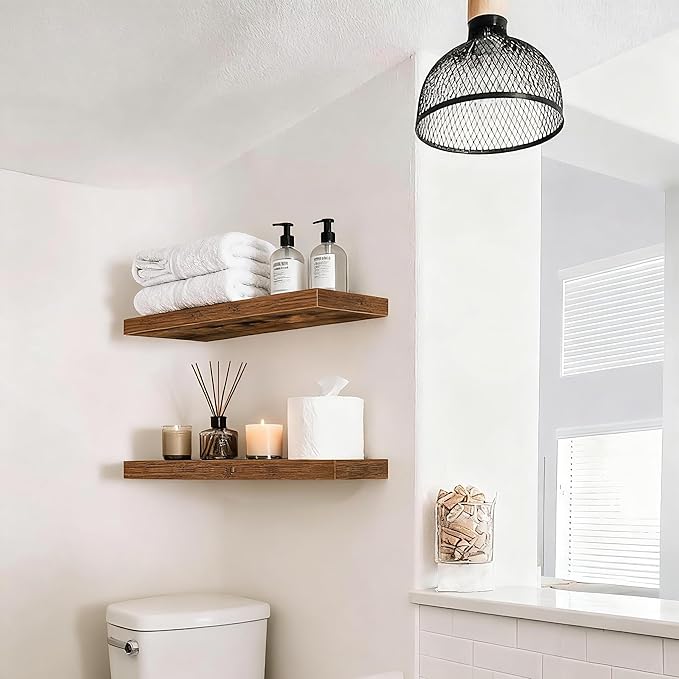 Set of 3 Rustic Brown Solid Wood Floating Shelves 15.7 inch - Wall Mounted Storage Shelves for Bathroom Over Toilet, Bedroom,