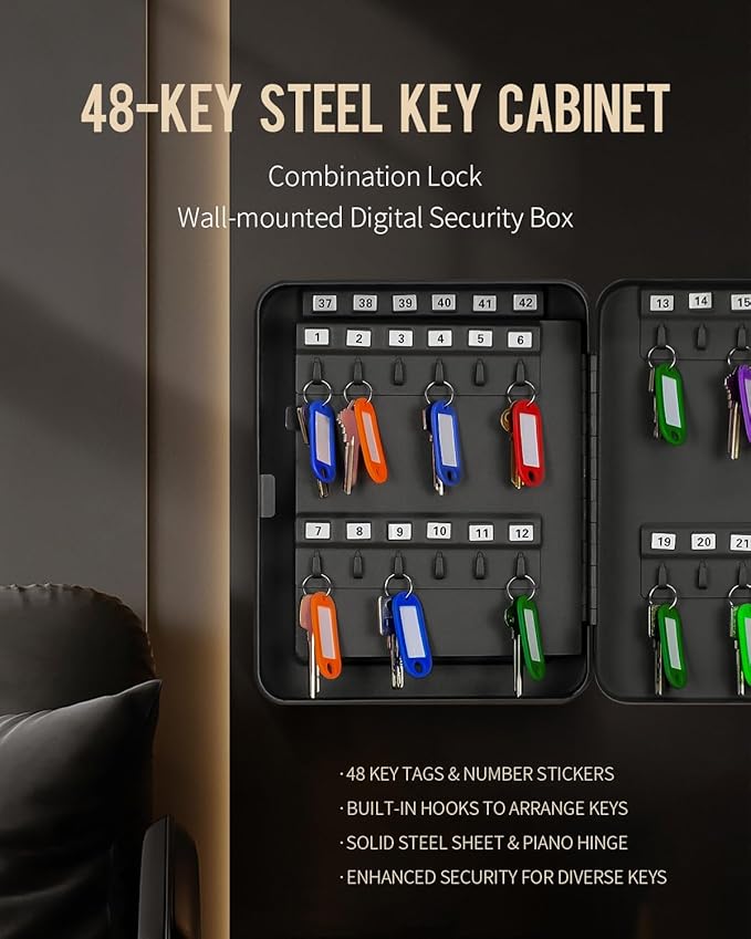 Uniclife 48 Position Key Cabinet with Combination Lock Resettable Black Digital Security Storage Box Steel Key Organizer with