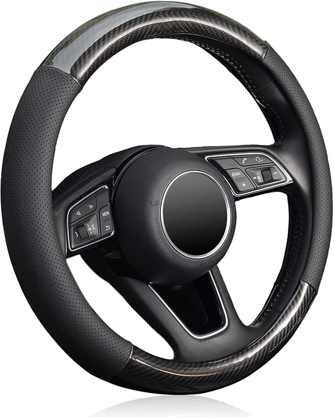 KAFEEK 16 inch Classic Carbon Fiber Steering Wheel Cover Compatible with F150 F250 F350 Ram 4Runner Tacoma Tundra Range Rover