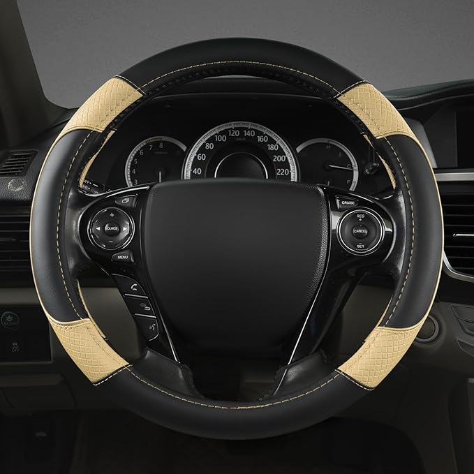 GIANT PANDA Microfiber Leather Steering Wheel Cover for Honda Accord,Civic,CR-V,HR-V,Pilot(Diamond-Pattern-Black+Beige-Standa