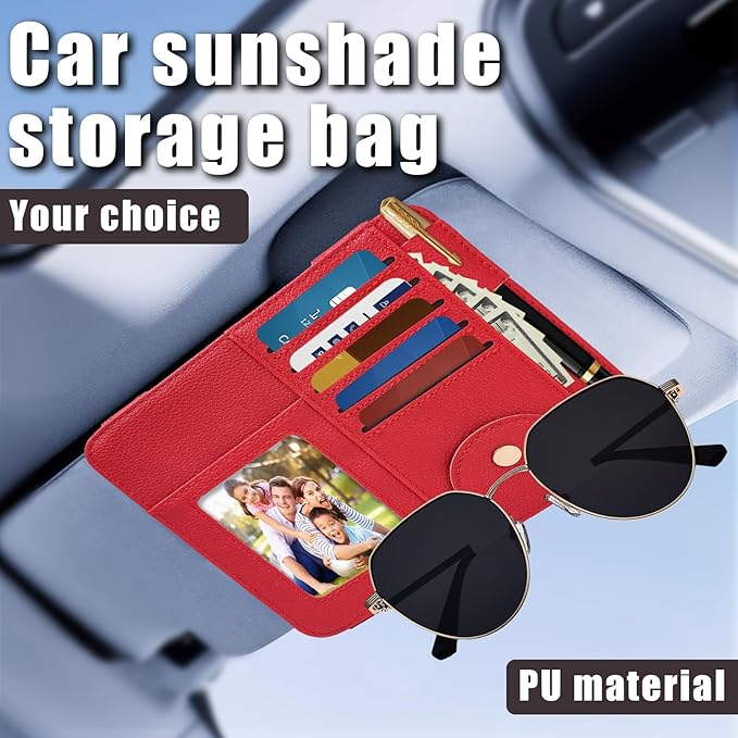 Visor Organizer, Red Sunglass Holder For Car, Sunvisor Organizers with Multiple Pockets and Picture Frame, Essential Car Interior Accessories for Women and Men